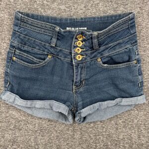 Red Blue Denim Womens High Waisted Skinny Shorts Dark Wash Button Fly Size 5/6